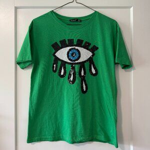 Vintage Y2K 100% cotton sequin embellished 'evil eye' graphic t-shirt / sz M